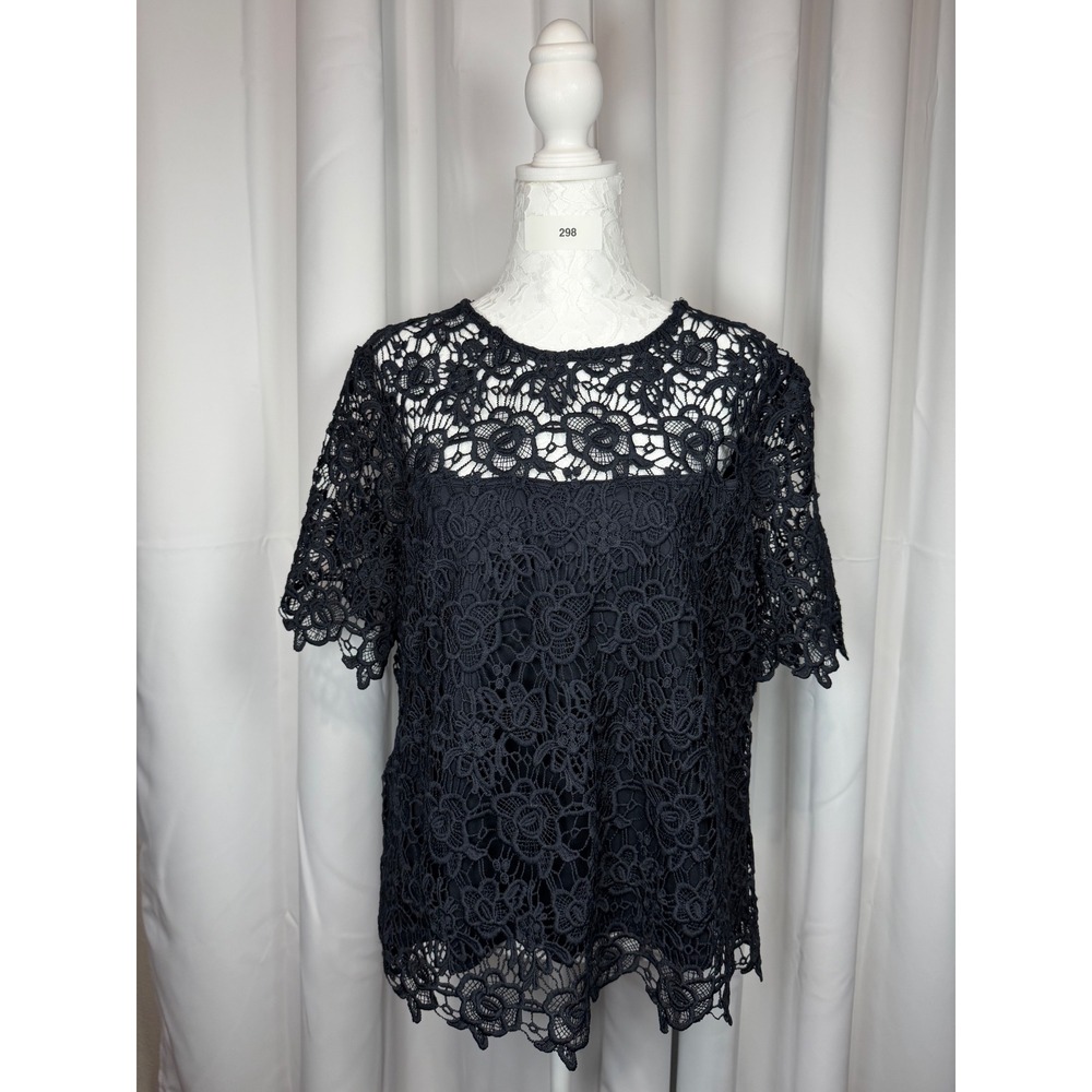 Nanette Lepore Navy Floral Lace Blouse XL Short Sleeve Exposed Gold Zipper Top